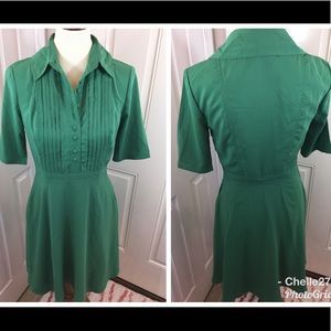 E shatki green front pleated button down dress